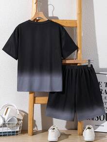 SHEIN 2pcs/Set Tween Boy Casual Gradient English Print Short Sleeve T-Shirt And Shorts Set, Street Style Suitable For Spring/Summer - Black - View 3