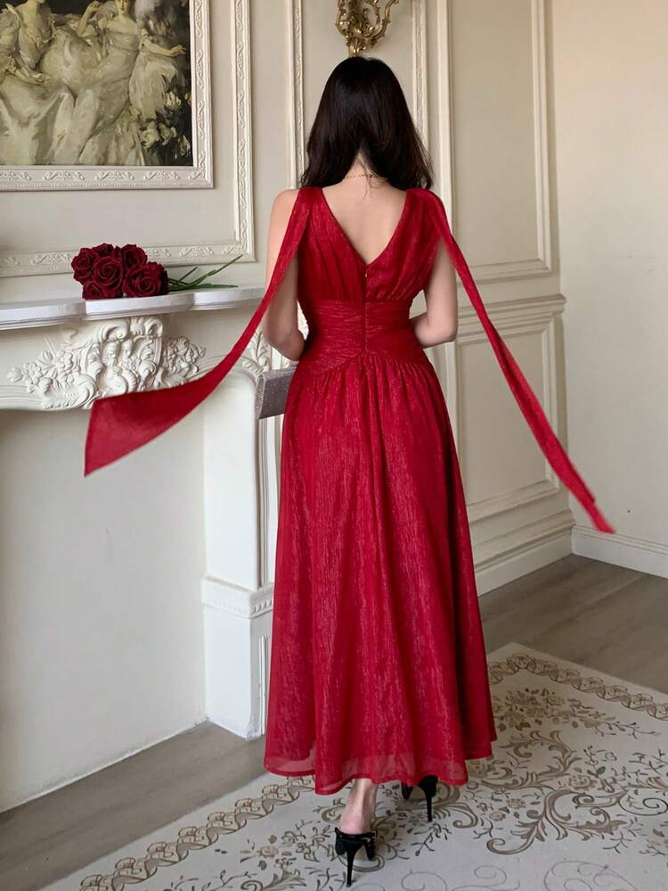 Women's Elegant Solid Color Textured V-Neck Sleeveless Ruched Midi Dress, Summer Wedding Guest Dress Sundress