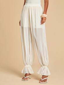 Travachic Women's Casual Apricot Plain Woven Fabric Parachute Long Pants With Ruffle Hem - Apricot - View 1