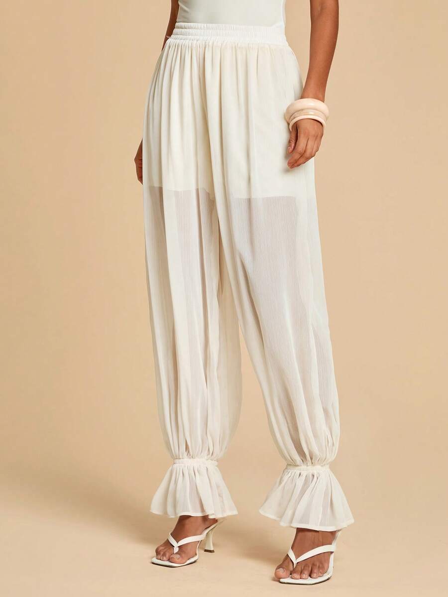 Travachic Women's Casual Apricot Plain Woven Fabric Parachute Long Pants With Ruffle Hem - Apricot - View 1