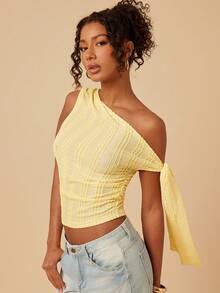 Travachic Women's Fashion Asymmetric-Shoulder Knit Cropped Top, Summer - Yellow - View 3