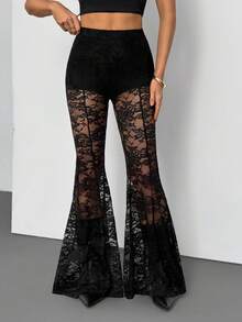 SHEIN Tall Quần ống loe ren xuyên thấu màu đen gợi cảm dành cho nữ, thích hợp cho các buổi tối đi chơi/tiệc rave/club/tiệc độc thân/tiệc theo chủ đề/phong cách thập niên 70/quần đen. - màu đen - Xem 3