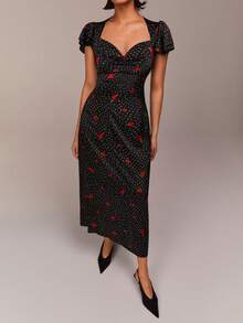 COSMINA Elegant Black Floral Summer Tea Party Dress,Sweetheart Neck Ruffle Sleeve Digital Floral Print Dress,Commuter Valentine's Day Date Dress For Women - Multicolor - View 1