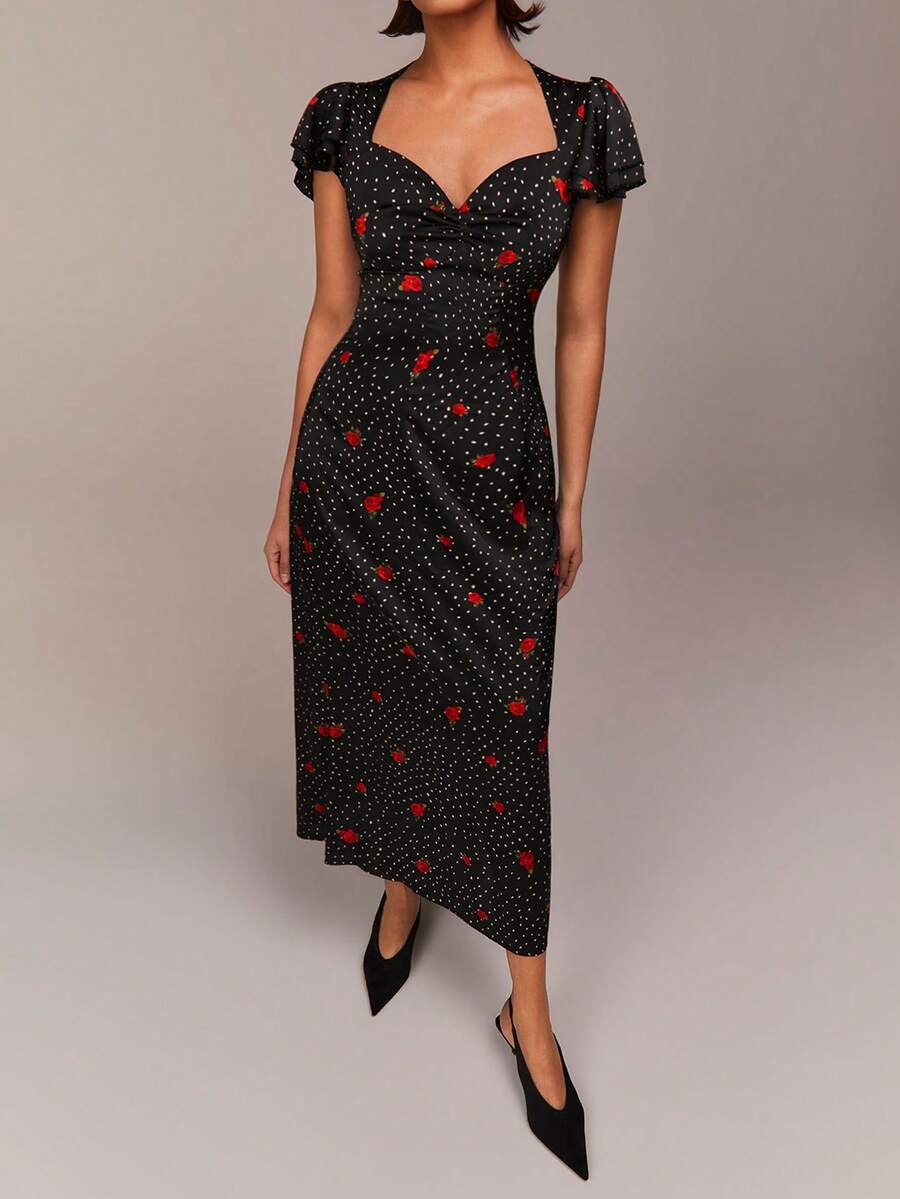 COSMINA Elegant Black Floral Summer Tea Party Dress,Sweetheart Neck Ruffle Sleeve Digital Floral Print Dress,Commuter Valentine's Day Date Dress For Women - Multicolor - View 1