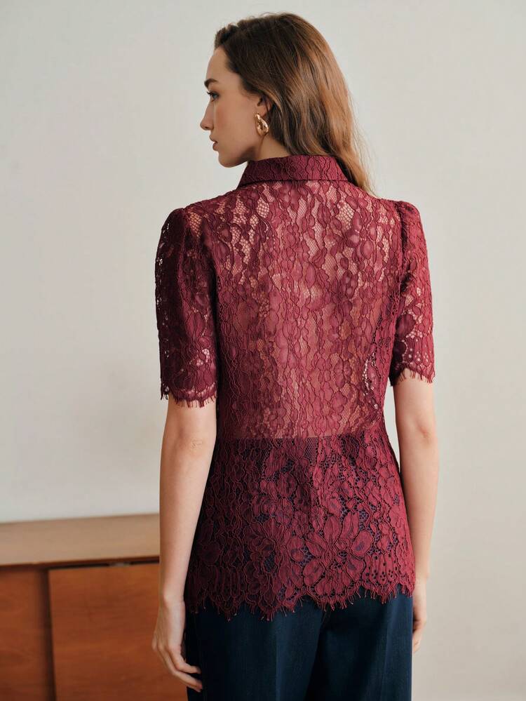 Women's Elegant Lace Sexy Energetic Fashion Hollow Out Short Sleeve Blouse, Spring/Summer