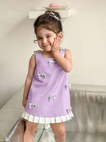 Cute & Elegant Baby Girl Summer Dress,White Colorblock Bow Tie Decor Purple Lavender Lilac Birthday Dress,Spaghetti Strap Birthday Outfit For Baby - Purple - View 1