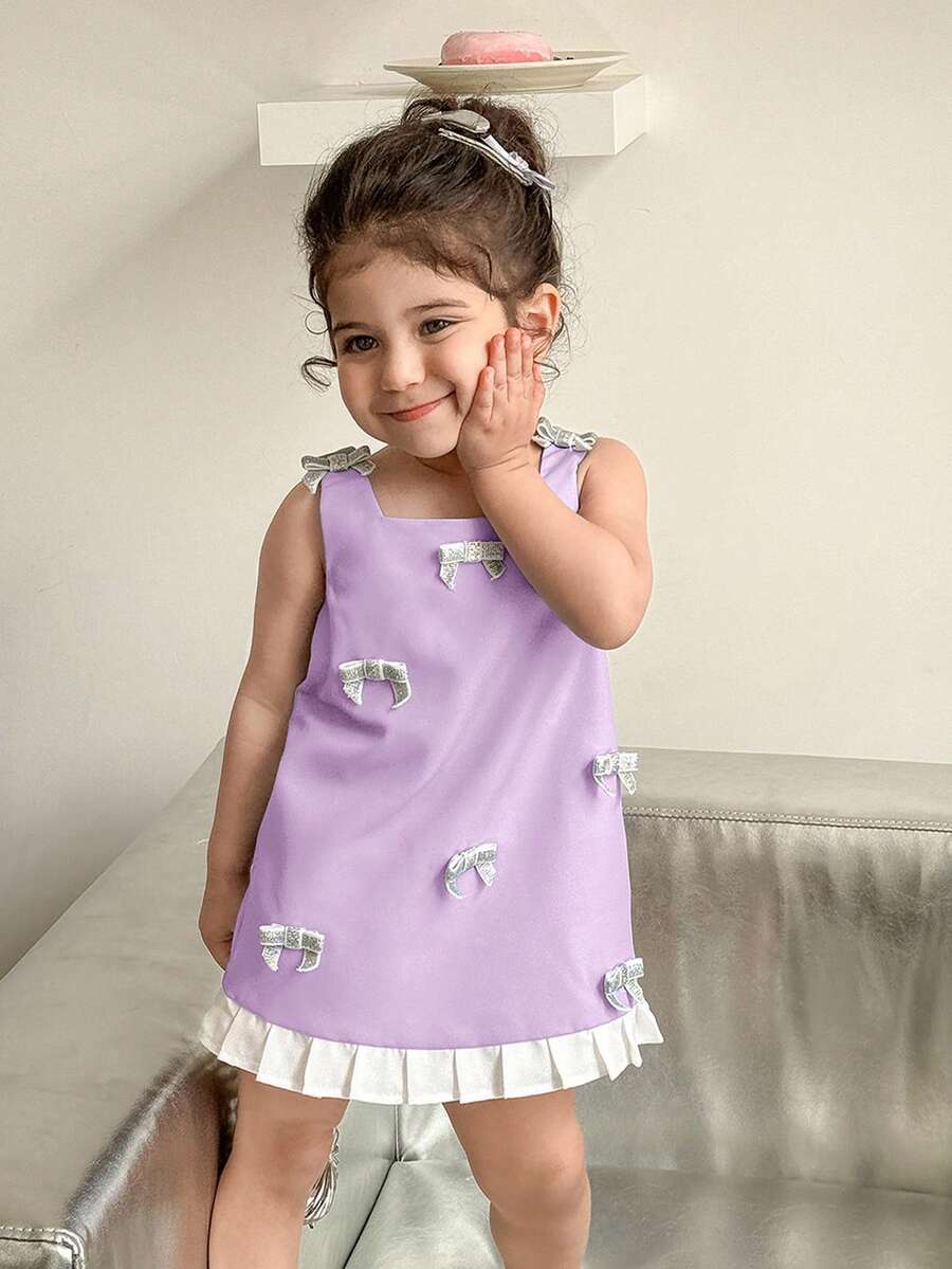 Cute & Elegant Baby Girl Summer Dress,White Colorblock Bow Tie Decor Purple Lavender Lilac Birthday Dress,Spaghetti Strap Birthday Outfit For Baby - Purple - View 1