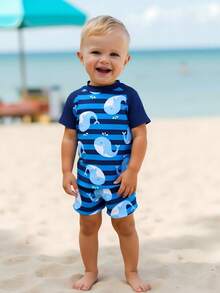 Baby/Toddler Boys' 2-Piece Swimsuit Set, Raglan Sleeve, Whale & Striped Print Swimwear - Multicolor - View 7