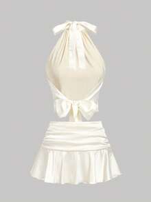 SHEIN MOD 女士杏色缎面蝴蝶结无袖上衣和迷你裙两件套 - 杏色 - 查看 3