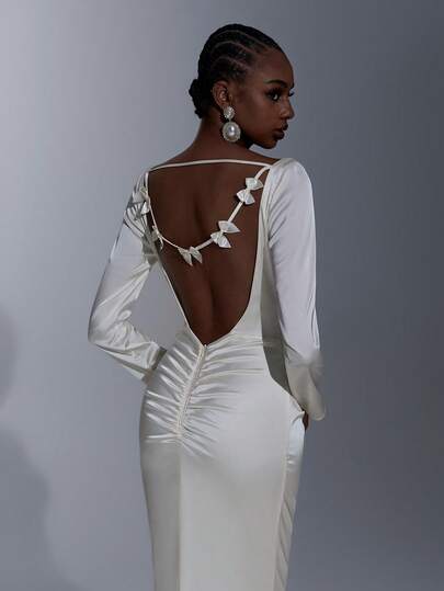 Elitara Elegant Minimalist Cream Satin Long Sleeve Pleated Front, Sexy Open Back Ruffle Trim Mermaid Hem Formal Gown, Evening Dress, Party Dress Long Sleeve Gown