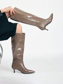 Women's Fashion Pointed Comfort Kitten Heel Knee Boots - Khaki - View 2