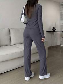 Conjunto deportivo de dos piezas para mujer: top corto de manga larga con cremallera y leggings de cintura alta, Conjuntos de dos piezas para mujer - Gris - Ver 3