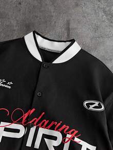 AXEPEAK Áo sơ mi nam tay ngắn cài cúc phía trước, in chữ và sọc. - màu đen - Xem 4