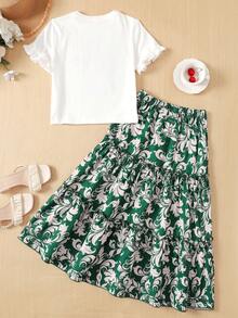 SHEIN 两件套少女休闲度假短袖T恤和印花长裙，适合度假、假日、午餐、音乐节、户外活动等场合。 - 彩色 - 查看 2