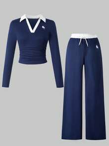 少女骑士印花撞色荷叶边领T恤和阔腿裤休闲装