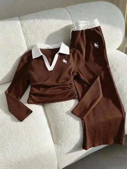 少女骑士印花撞色荷叶边领长袖T恤和裤子休闲套装