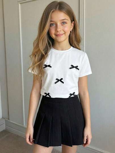 Firerie Kids Tween Girls' Contrast Color Bow Knit T-Shirt, Casual, Fashionable, Versatile, Suitable For Party, Outing, Sister Photo Shoot, Park, Camping, Vacation, Daily Casual Wear