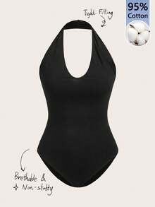 SHEIN ICON 95% Cotton Sexy Y2K Deep V-Neck Metallic Bodysuit, Solid Black, 1k, Party Nightclub Beach Vacation Music Festival Concert Summer Outerwear Country Music Concert Outfit