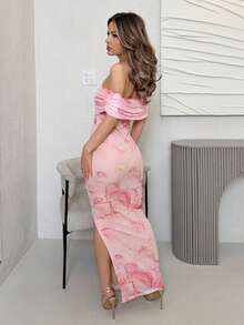 Jemour 女士浪漫情人节约会露肩修身长裙，粉色花卉印花网眼 - 彩色 - 查看 2