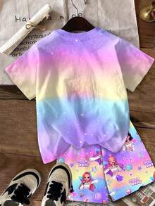 两件套少女休闲韩流女团字母星形印花渐变扎染圆领短袖T恤和短裤套装，适合度假、派对、日常穿着、演唱会、夏季等场合。 - 彩色 - 查看 4