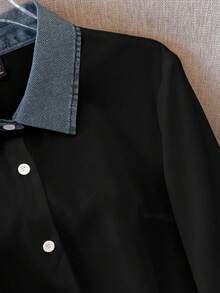 GlowEve 女士休闲拼接牛仔衬衫，秋冬款 - 黑色 - 查看 4