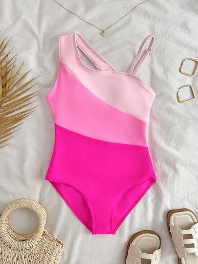 SHEIN Tween Girls' 3-Color Patchwork One-Piece Swimsuit, Fashionable & Casual For Swimming & Vacation, Summer Bright Colors Bathing Suit Tween Bright Color 1strap Bathing Suit Tween Swimwear Tween Girl Swimsuit Girls Tween Swimsuit Monokini Pink One Piece Swimsuit Color Block Swimsuit 12 Year Old Bathing Suit Bright Colors Neon Swimsuit Bright Swimsuit Girl One Piece Swimwear Pink Swimsuit Multicolor Teen Girl Swimsuit