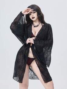 ROMWE Goth 2026 最新款黑色蜘蛛网纹理面料超大袖子，抽绳腰带设计，夏季沙滩泳池派对哥特风女式泳衣罩衫 - 黑色 - 查看 3