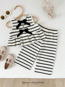 Cozy Pixies 2件套女婴撞色蝴蝶结圆领无袖上衣和松紧腰裤套装 - 彩色 - 查看 5