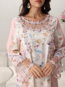 Yasmyna 印花宽松长款上衣，双层蕾丝和网纱拼接 - 彩色 - 查看 4