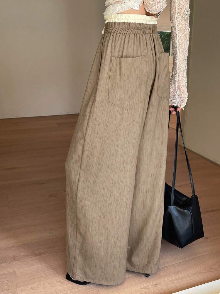 Women's Elastic Waist Tie Drawstring Wide Leg Pants, Patchwork Color Block Casual Vacation Trousers, Spring/Summer