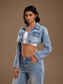TRNVIE Women's Pocket Cropped Front Button Casual Long Sleeve Denim Jacket - Blue - View 8