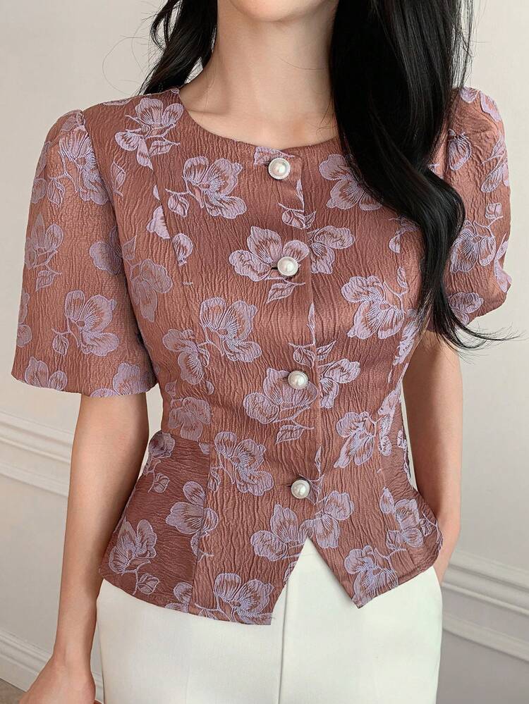 Floral Textured Fabric Fitted Waist Princess Sleeve Round Neck Elegant Formal Blouse For Women, Spring/Autumn
