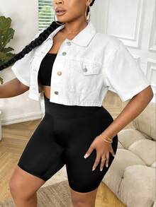 SHEIN CURVE+ Plus Size Women Blue Denim Lapel Short Sleeve Cropped Jacket - White - View 3