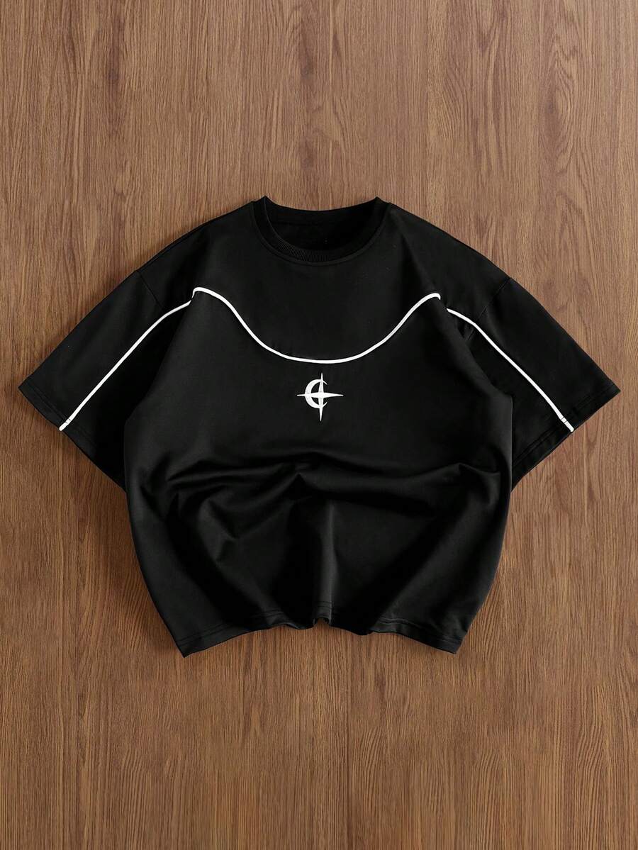 TOKVUE Camiseta casual de estilo callejero para hombres con parches, contraste de colores y bordado - Negro - Ver 1