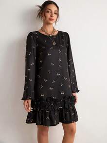 Freevana Women's Elegant Floral Print Long Sleeve Mini Dress - Black - View 4