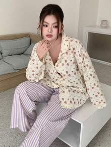 Dazy Plus 2pcs/Set Plus Size Women Cute Cartoon Print Loose Top And Striped Long Pants Pajama Set, Spring/Autumn - Apricot - View 8