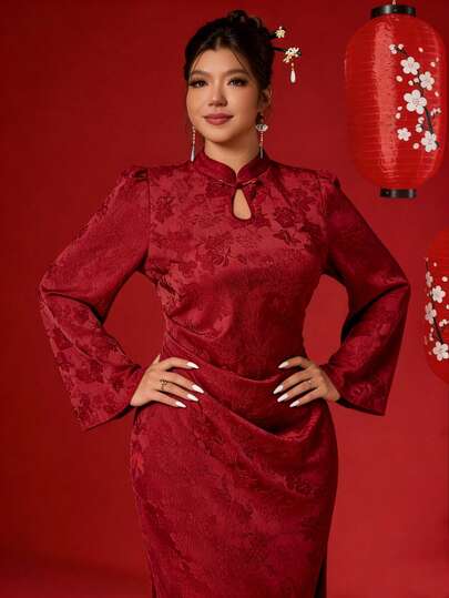 Elenzga 大码女式中国风新款旗袍连衣裙，秋冬款，盘扣，中国结，收腰，喇叭袖，新年锦缎旗袍