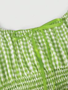 Sweetra Đầm ngắn tay phồng, eo thon, họa tiết kẻ caro, trang trí nơ, dành cho nữ, cỡ lớn. - màu xanh lá - Xem 4