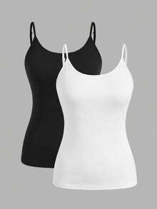 SHEIN EZwear 大码女式两件套黑白罗纹紧身休闲吊带背心 - 彩色 - 查看 1