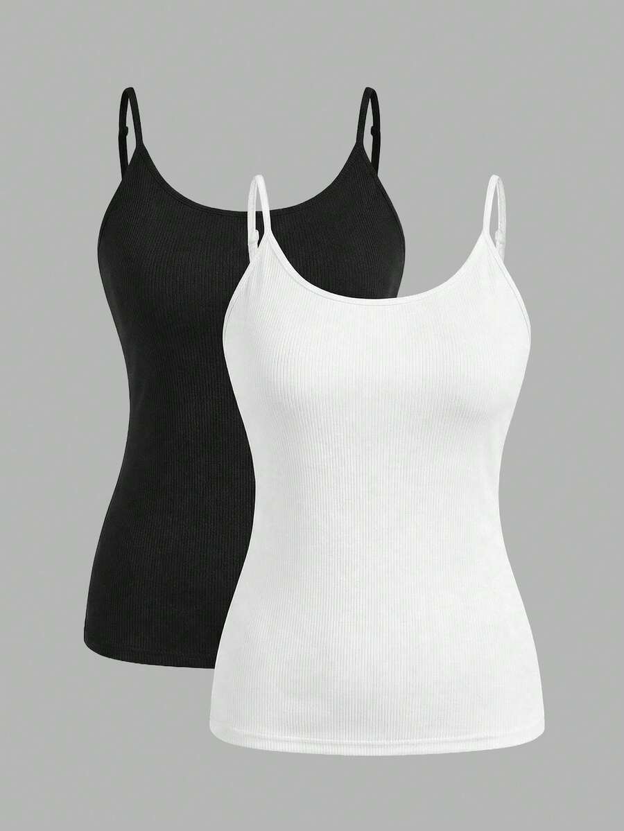 SHEIN EZwear 大码女式两件套黑白罗纹紧身休闲吊带背心 - 彩色 - 查看 1