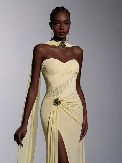 Elitara Elegant Shiny High-Elastic Knitted Mesh Bustier With See-Through Effect, Fishbone Tape, Front Pleated Asymmetrical Twist Cutout Side Draped Flounce, Fish Tail High Slit Luxurious Metal Decor Button (Detachable Hanging Flounce Included), Suitable For Dates, Vacations, Singles Parties, Wedding Events, Women's Evening Gown