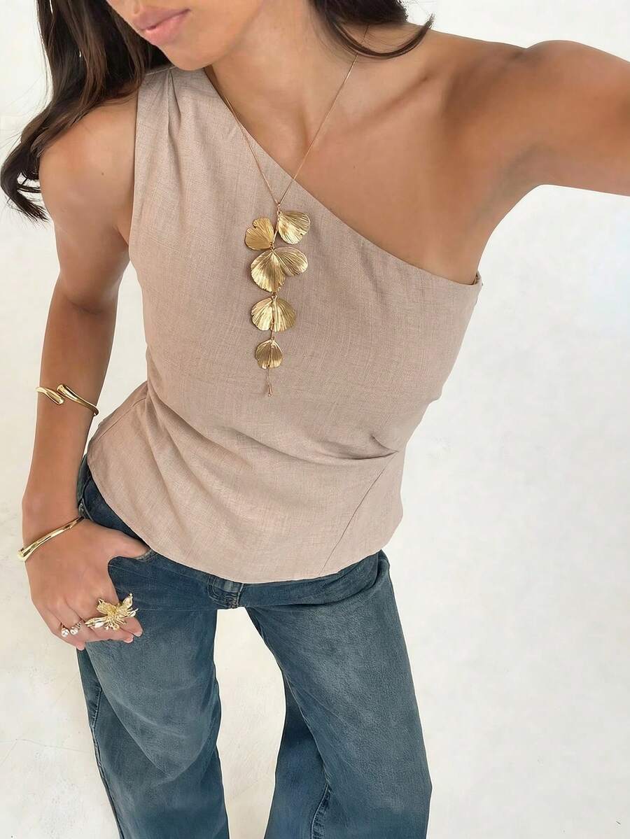 Aloruh Sleeveless Oblique Collar Side Ruched Commuter Chic Blouse For Women - Khaki - View 1