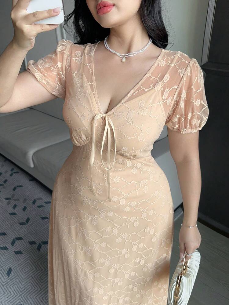 Dazy Plus Elegant V-Neck Lace Fitted Puff Sleeve Long Mesh Party Dress, Plus Size, Spring/Summer Sundress