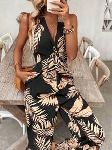 SHEIN Holidaya 女士休闲度假V领连体裤 - 黑色 - 查看 6