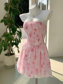 Comfortcana Women's Floral Print Strapless Backless Mini Dress, Vacation Style - Baby Pink - View 6