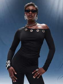 Normani 春夏音乐会外出休闲2000年代Y2K 90年代俱乐部复古锐舞音乐节老钱街头服饰嘉年华情人节嘉年华服装情人节度假优雅沙滩女孩秋冬日常必备针织弹力舒适不对称领长袖上衣 - 黑色 - 查看 2