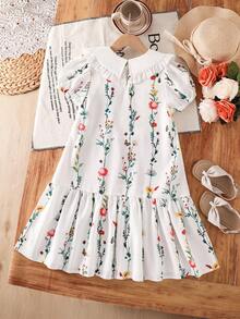 Emery Rose Kids 少女可爱休闲泡泡袖彼得潘领拼接连衣裙，领口饰有蝴蝶结 - 白色 - 查看 5