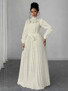 Maweii 大码女士优雅拼接收腰长裙 - 杏色 - 查看 6