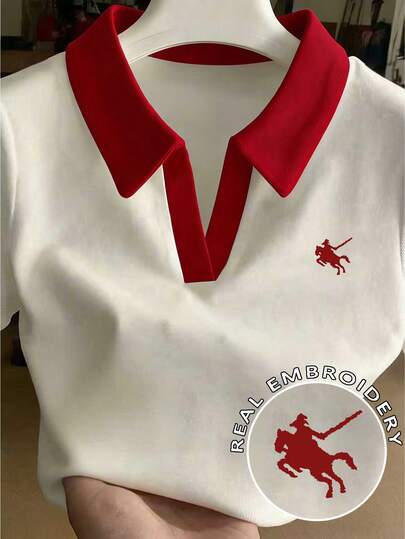 Franclia Camiseta de manga corta ajustada con cuello bordado para mujer