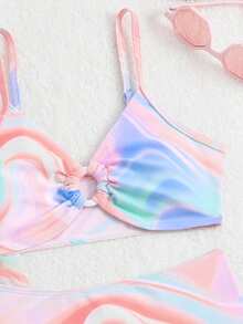 SHEIN 少女比基尼套装，可爱橙色波纹针织面料，分体式三件套，长纱裤，肩带缠绕白色圆圈，三角裤，长纱裤，时尚休闲，精致华丽，适合游泳，适合夏季度假、海滩、游泳池、夏季派对、休闲度假。少女三件套比基尼带罩裤，比基尼套装带薄纱裤，两件套泳装带裤子，比基尼套装带沙滩裤，两件套沙滩装，少女泳装套装，少女三件套泳装，少女三件套沙滩装，比基尼带纱笼裙。 - 彩色 - 查看 3